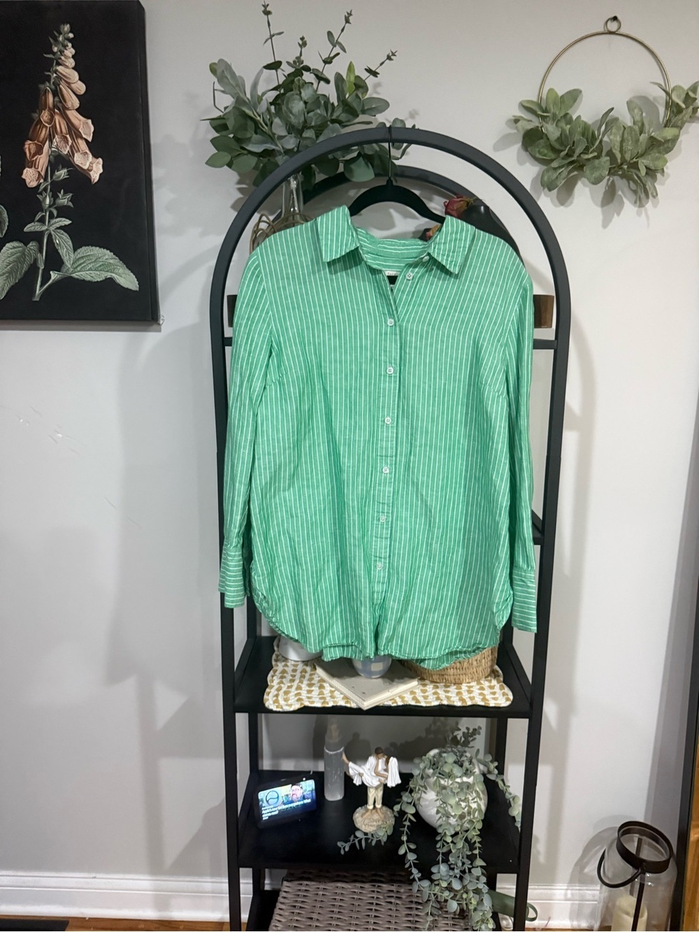 Talbots Green & White Striped Linen Blend Button Down Shirt XL